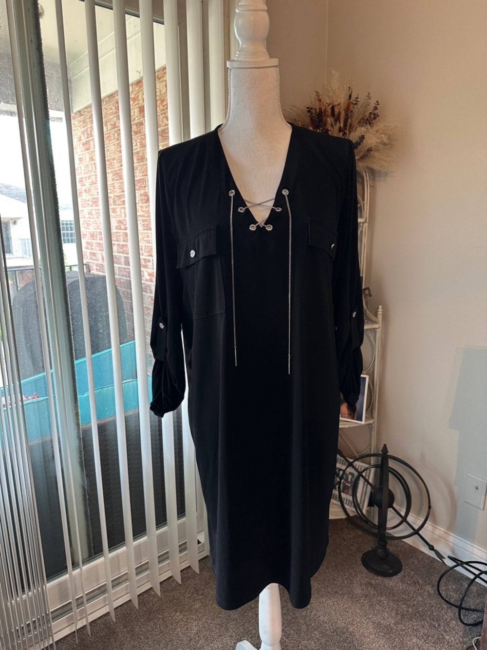 MICHAEL Michael Kors Black Lace-Up V-Neck Midi Dress